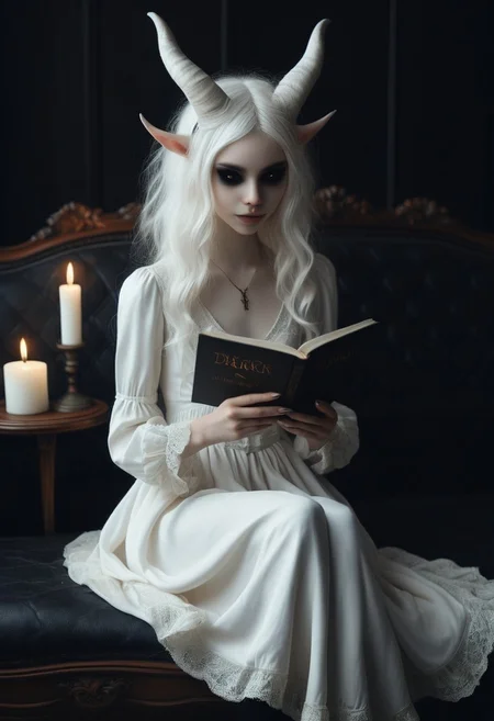 picture of skinny slim girl colored sclera black eyes cute smile pale white skin demon small horns ( black gradient arms:1) white hair elegant Victorian dress cleavage holding book "DARK MAGIC" sitting on comfortable couch. Table with candle nearby. <lora:WB2.2:0.8>