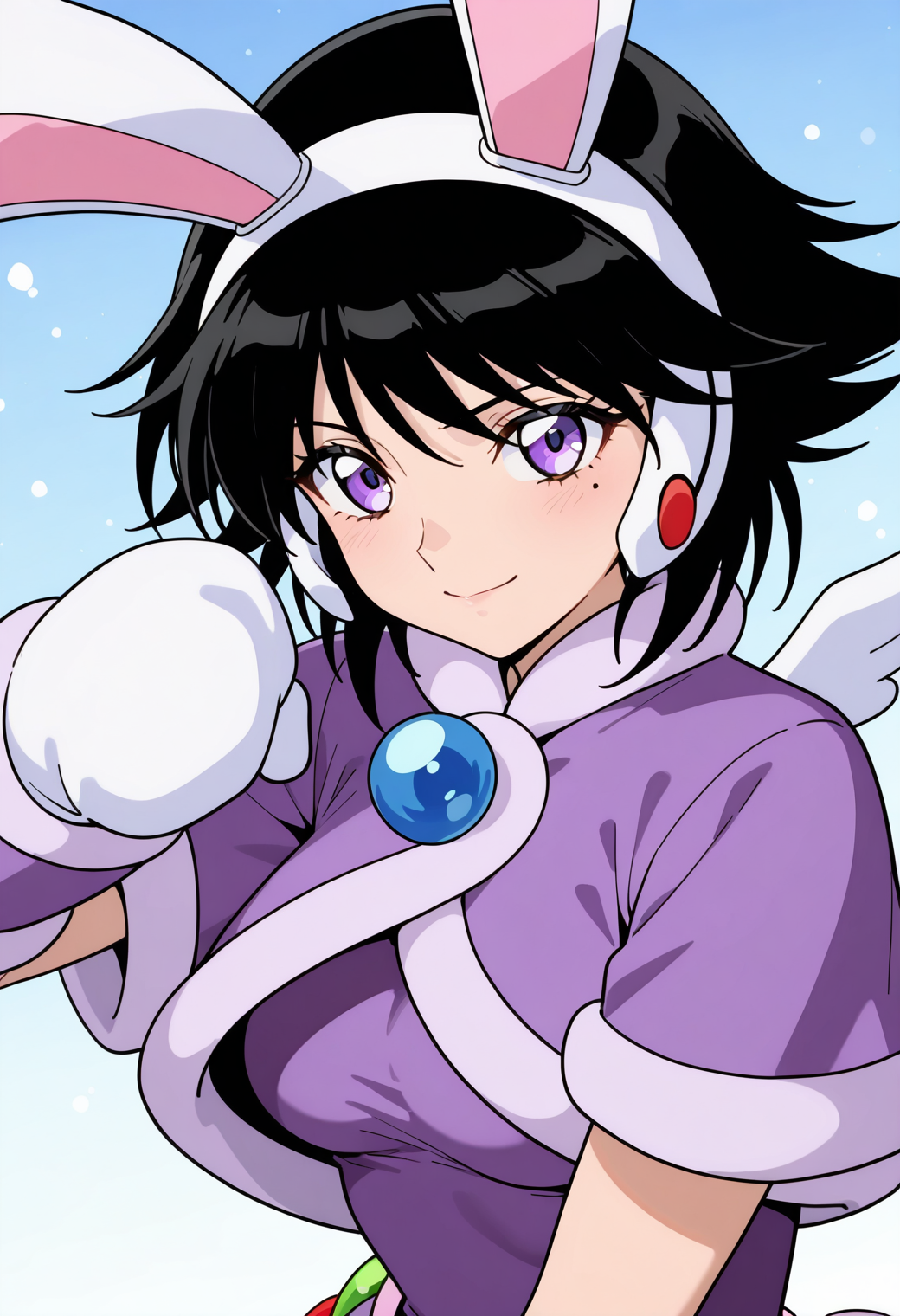 masterpiece, best quality, very aesthetic, absurdres, 1girl, solo,
<lora:corrector_ai_soil_v01:0.9>, corrector_ai, soil_element_suit, black hair, short hair, mole under eye, purple eyes,
magical girl, rabbit ears, hairband, purple dress, fur trim, small wings, white mittens, (smile:0.7), posing, upper body