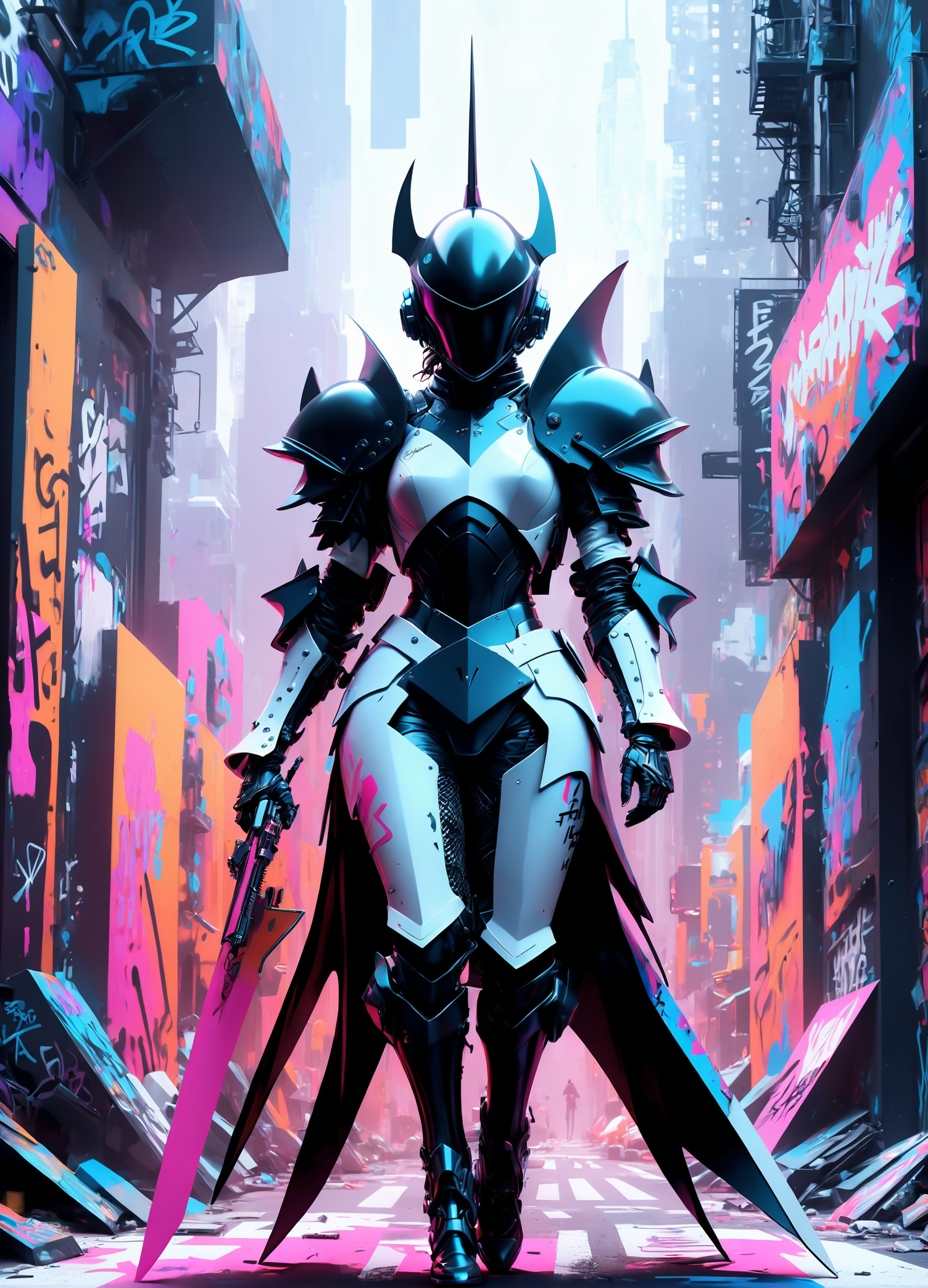 art, hkstyle, featuring a stunning alien woman knight strolling down a bustling, vibrant New York City street. The artist masterfully blends a variety of styles, including Rolf Armstrong, Frank Frazetta, Jeremy Mann, Carne Griffiths, and Robert Oxley into the armor style. The drawing begins as a (black and white:1.2) piece, but comes to life with the infusion of vibrant pop art colors and whimsical abstract shapes. The artwork is further elevated by elements of architecture, fashion, graffiti, dark fantasy, conceptual art, 3D render, and a cinematic experience. This fusion of diverse styles and influences creates a truly mesmerizing and immersive visual adventure, transporting the viewer into fashion, dark fantasy, cinematic, architecture, painting, graffiti, illustration, conceptual art, 3d render <lora:xslxartv3:1.5>  <lora:HKStyle_V3-000019:1.1>