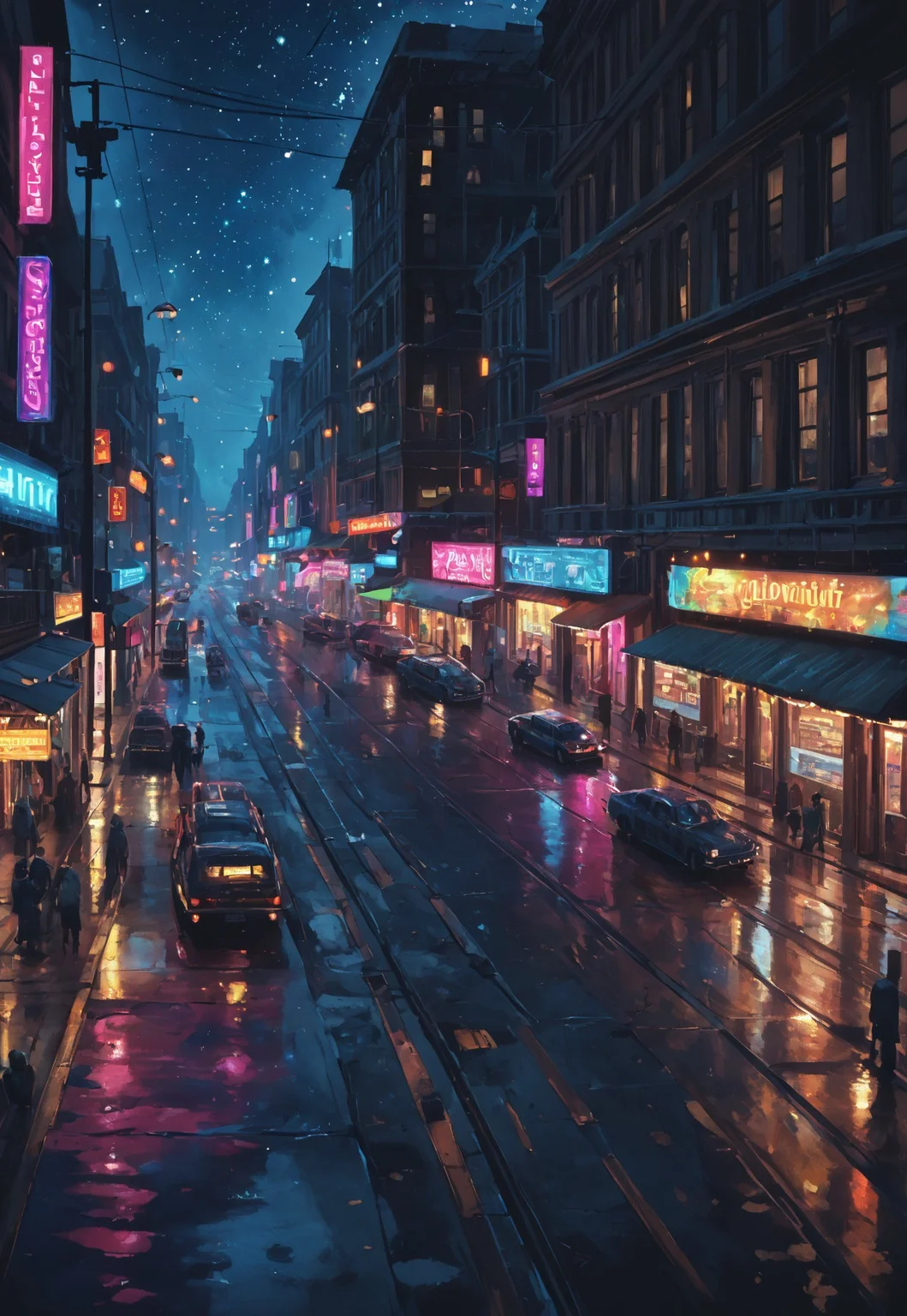 score_9,score_8_up,score_7_up
Vibrant, nighttime scene of a bustling city district. The streets are alive with activity: neon signs flash in bright pinks, blues, and greens, reflecting off wet pavement from a recent rain. Crowds of diverse people, dressed in modern fashion, navigate the sidewalks while street vendors sell food from colorful carts. Tall skyscrapers loom overhead, their windows aglow with the lights of offices and apartments. A digital billboard displays a dynamic advertisement, casting a bright glow on the surrounding buildings. In the foreground, a sleek, futuristic tram glides smoothly along its tracks, while taxis and motorcycles weave through traffic. Above, a clear night sky is dotted with stars, and distant city lights create a shimmering horizon. The scene should capture the energy, complexity, and rhythm of a modern metropolis after dark.
Oil painting. Soft brush strokes.
<lora:detailed_notrigger:0.4>Bloodborne<lora:Bloodborne:0.35>
<lora:PainterlyStyleXL:0.4><lora:gr33nXLP:0.3>oil painting,traditional media,realistic<lora:Eldritch Oil Style LoRA_Pony XL v6:0.4>