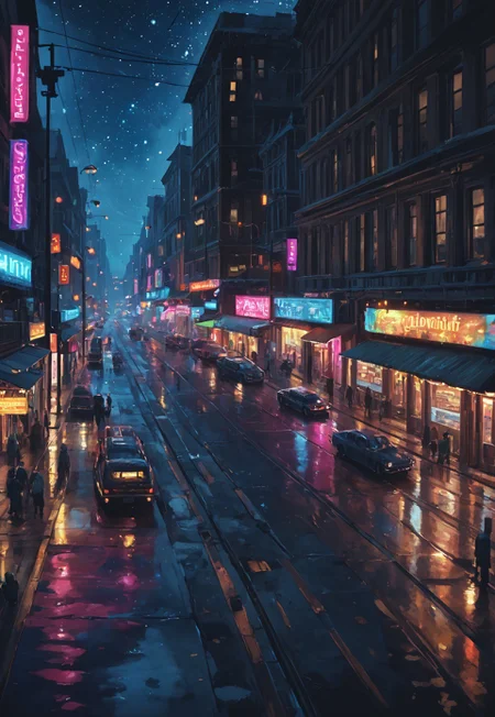 score_9,score_8_up,score_7_up
Vibrant, nighttime scene of a bustling city district. The streets are alive with activity: neon signs flash in bright pinks, blues, and greens, reflecting off wet pavement from a recent rain. Crowds of diverse people, dressed in modern fashion, navigate the sidewalks while street vendors sell food from colorful carts. Tall skyscrapers loom overhead, their windows aglow with the lights of offices and apartments. A digital billboard displays a dynamic advertisement, casting a bright glow on the surrounding buildings. In the foreground, a sleek, futuristic tram glides smoothly along its tracks, while taxis and motorcycles weave through traffic. Above, a clear night sky is dotted with stars, and distant city lights create a shimmering horizon. The scene should capture the energy, complexity, and rhythm of a modern metropolis after dark.
Oil painting. Soft brush strokes.
<lora:detailed_notrigger:0.4>Bloodborne<lora:Bloodborne:0.35>
<lora:PainterlyStyleXL:0.4><lora:gr33nXLP:0.3>oil painting,traditional media,realistic<lora:Eldritch Oil Style LoRA_Pony XL v6:0.4>