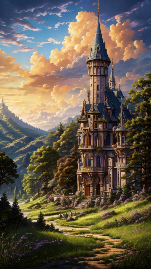 Anime, Masterwork, Magnum Opus, 
 <lora:Wizard_Tower:0.75> witow, castle, cloud, cloudy sky, grass, no humans, scenery, sky, tower, tree, <lora:Fantasy_Mountains:0.75> fanmou, footprints, forest, grass, nature, no humans, outdoors, sky, tree,
  highres, 8k, uhd, High Dynamic Range, tonemapping, crisp details,  intricate details, fine details