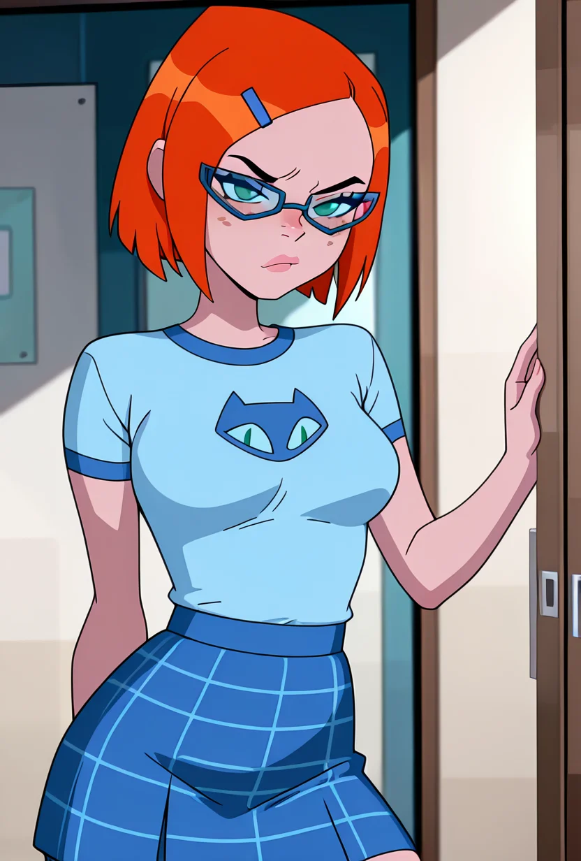 <lora:gwennerd-10:1> gwennerd, 1girl, solo, medium breasts, glasses, orange hair, short hair, hairclip, blue-framed eyewear, blue shirt, short sleeves, freckles, blue skirt, plaid skirt, green eyes, big mouth, cowboy shot, pink powers,, masterpiece, best quality, amazing quality, very aesthetic, absurdres, newest,
