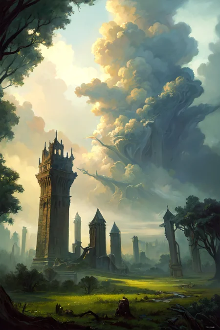 hyperrealism oil painting, ghost of the castle,
thunderstorm, and many small clouds, and slightly cloudy, fantasy forest,
an expansive ancient forest, featuring towering oaks, diverse wildlife, a variety of flora,
{dawn|dusk|night},
<lora:more_details:0.3>,
<lora:EnvyFantasyMix05:0.3>,
<lora:ghost:0.4> guiguai,
<lora:FantasyRuins:0.3> FanRu,