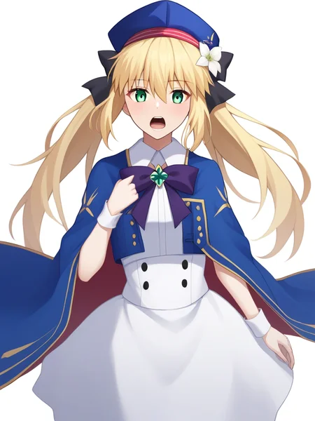 score_9,score_8_up,score_7_up,<lora:fgo_179_a1:1>,1girl, character: artoria_caster_(fate), character: artoria_caster_(second_ascension)_(fate), character: artoria_pendragon_(fate), solo, white_background, looking_at_viewer, blush, open_mouth, teeth, green_eyes, hair_between_eyes, blonde_hair, long_hair, hair_bow, twintails, blue_cloak, cloak, collared_shirt, hat, shirt, skirt, white_shirt, white_skirt, black_bow, bow, long_sleeves, purple_bow, highres, beret, buttons, flower, gem, gold_trim, green_gemstone, white_flower, blue_hat