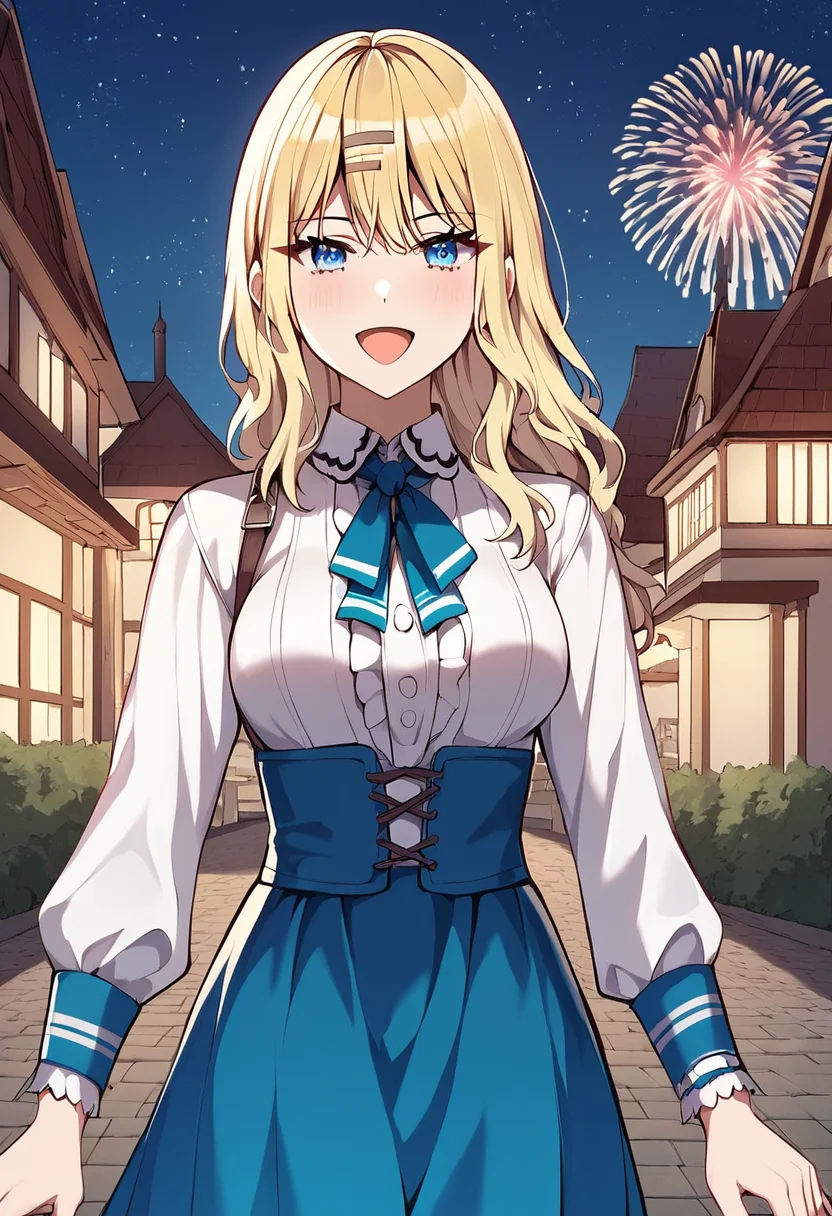 yvonne_smollett, blonde hair, long hair, blue eyes, medium breasts, default outfit, blue skirt, white shirt, blue neck ribbon, BREAK outdoors, medieval city square, night, starry night, fireworks BREAK cowboy shot, looking at viewer, standing,open mouth, happy face , dynamic pose BREAK score_9, score_8_up, score_7_up, source_anime ,zPDXL, perfect hand , <lora:Yvonne_Smollett:0.8>