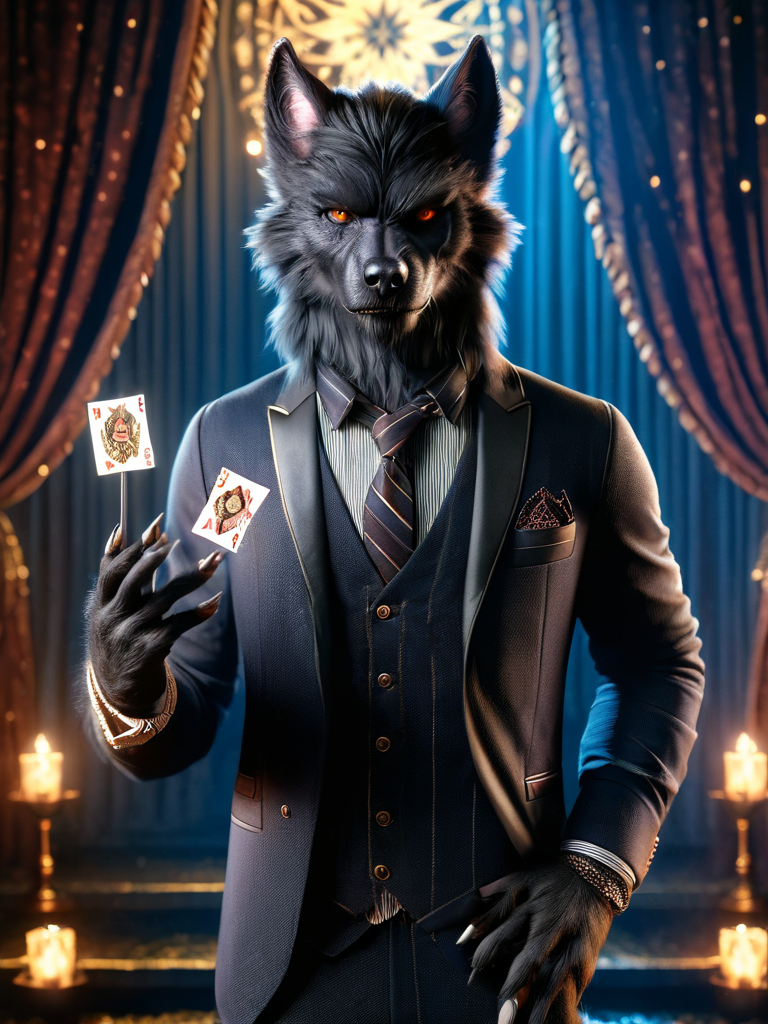 worgen, male worgen, trickser worgen, trickers clothing,, a man in a suit and tie holding a magic wand, magic spell with cards, in front of a stage, stage background <lora:wowrgen-sdxl:1>