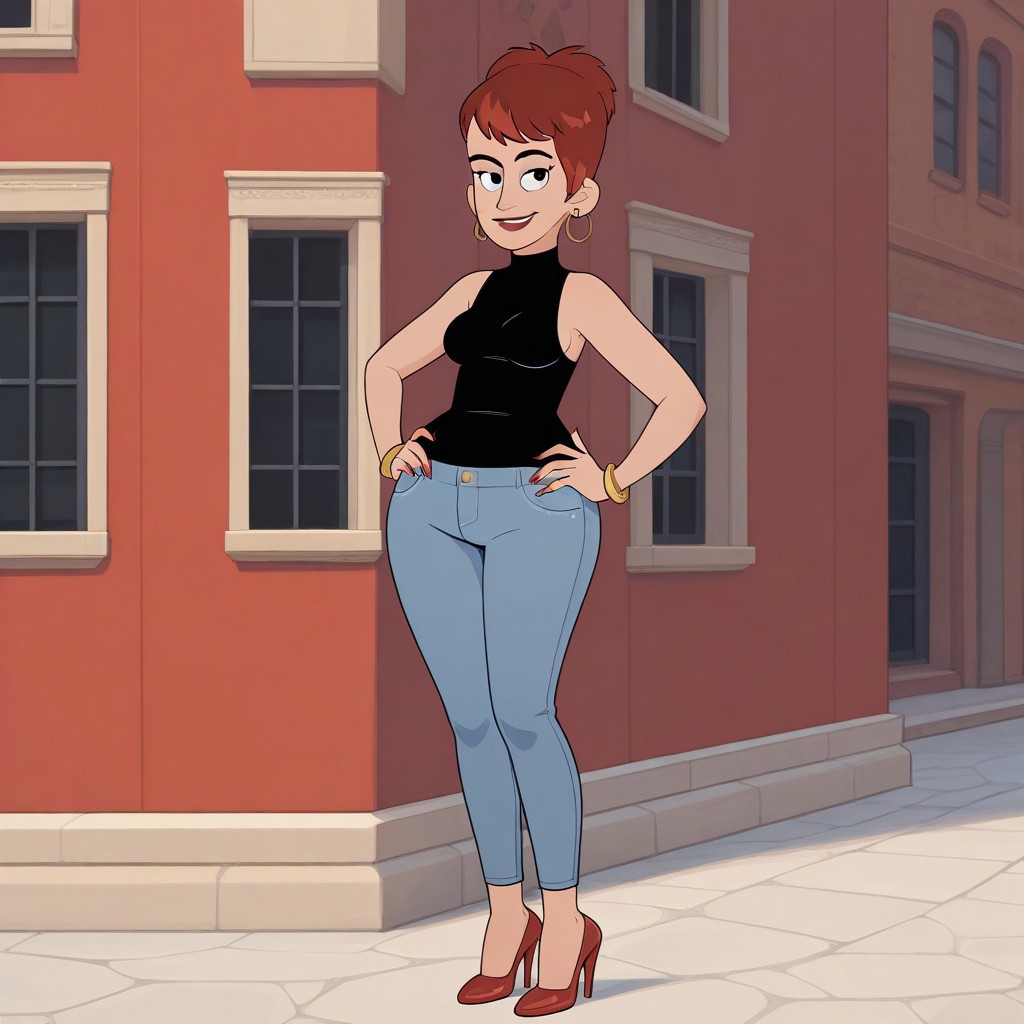 1girl, solo, diane, short red hair, wide hips, red painted nails, light blue jeans, red high heels, black sleeveless top, boob window, gold hoop earrings, standing, looking at viewer, smiling, hands on hips, outdoors
