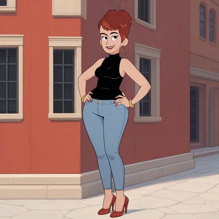 1girl, solo, diane, short red hair, wide hips, red painted nails, light blue jeans, red high heels, black sleeveless top, boob window, gold hoop earrings, standing, looking at viewer, smiling, hands on hips, outdoors