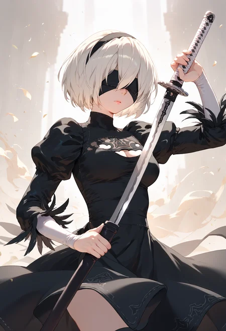 score_9, score_8_up, score_7_up, 1girl, holding sword unsheathing, yorha no. 2 type b, black dress
<lora:unsheathing_2_final:1>