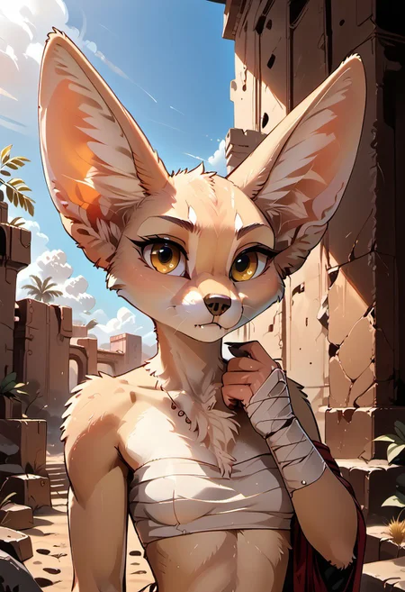 score_9, score_8_up, score_7_up, highres, high quality, perfection,
BREAK 
1girl, (solo: 2.0), girl alone, front view, portrait, face focus, close-up,
BREAK 
furry female, fennec girl, (anthro fennec girl: 1.2), beautiful girl, cute girl, adult, 20 years old, detailed body, shapely girl, (slim body: 1.2), petite body, detailed fur, (bald_girl: 1.2), (baldness: 2.0), detailed face, beautiful face, fangs, eyelashes, (yellow eyes: 1.2), perfect eyes, detailed eyes, small breasts, (detailed hands: 1.2),
(bandaged chest: 1.3), bandaged wrist,
(teep fighting stance: 1.3), looking at viewer,
BREAK
outdoors, desert, day, bright sun, hot, ruins, abandoned, temple,