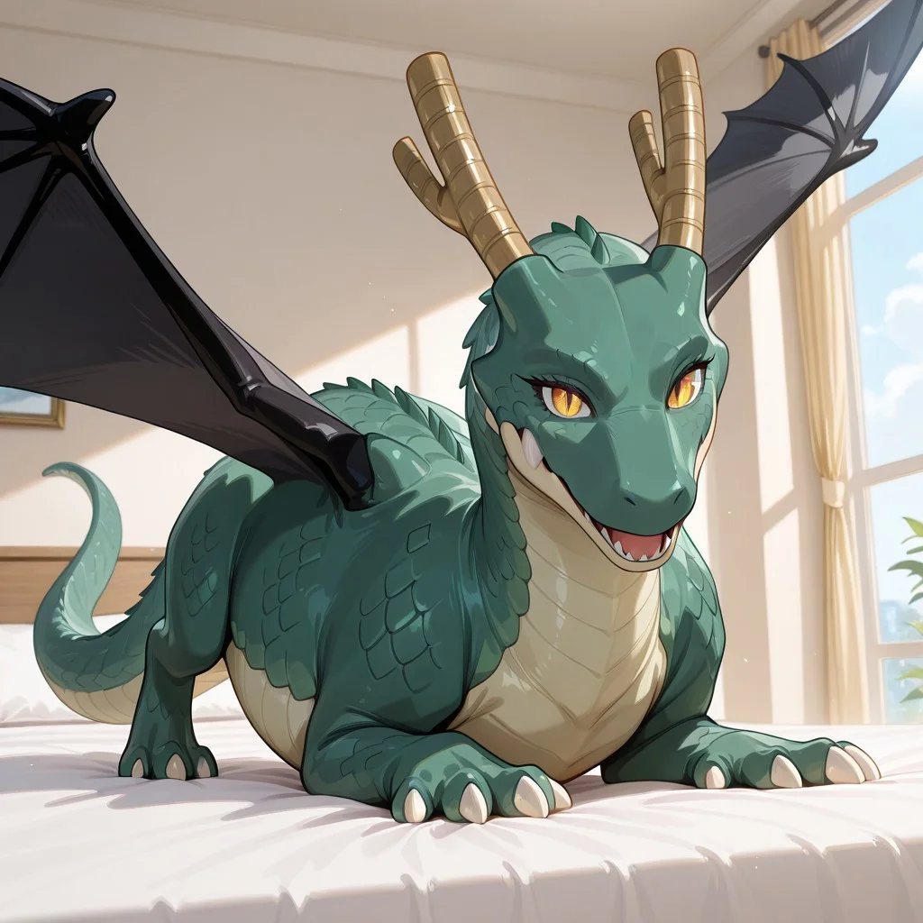 1girl, highres, absurdres, newest, masterpiece, best quality, furry, furry_female, Tohru_kobayashi, dragon, green scales, black wings, horns, tail, claws, yellow eyes, slit pupils, 1girl, spread wings, (quadruped, feral:1.4), detailed eyes, (on belly, on_stomach:1.2), open_mouth, open mouth smile, luxurious detailed room, bright room, day scene, professional lighting, white bed, solo, bedroom, smiling, seductive, looking_at_viewer, masterpiece, close up, safe
