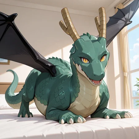 1girl, highres, absurdres, newest, masterpiece, best quality, furry, furry_female, Tohru_kobayashi, dragon, green scales, black wings, horns, tail, claws, yellow eyes, slit pupils, 1girl, spread wings, (quadruped, feral:1.4), detailed eyes, (on belly, on_stomach:1.2), open_mouth, open mouth smile, luxurious detailed room, bright room, day scene, professional lighting, white bed, solo, bedroom, smiling, seductive, looking_at_viewer, masterpiece, close up, safe