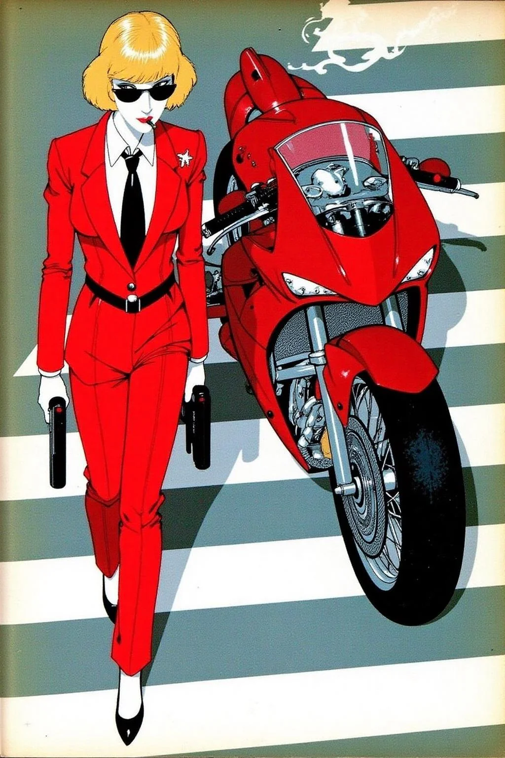 ernestogarciacabral1 illustration.
Overhead shot of a Blonde woman walking away from a futuristic motorcycle parked at a zebra crossing. The woman has bob hair, is smoking. She wears a red business suit, white shirt, black tie, and sunglasses. She holds a gun with a confident grip. The motorcycle itself is red, sleek and metallic, with intricate designs and a futuristic vibe
<lora:ernestogarciacabral1_cap_d6a3:1.0><lora:849847472640519845:0>