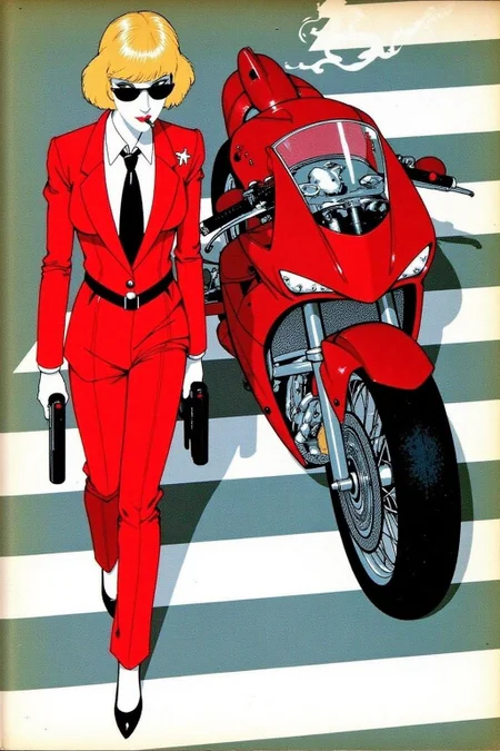 ernestogarciacabral1 illustration.
Overhead shot of a Blonde woman walking away from a futuristic motorcycle parked at a zebra crossing. The woman has bob hair, is smoking. She wears a red business suit, white shirt, black tie, and sunglasses. She holds a gun with a confident grip. The motorcycle itself is red, sleek and metallic, with intricate designs and a futuristic vibe
<lora:ernestogarciacabral1_cap_d6a3:1.0><lora:849847472640519845:0>