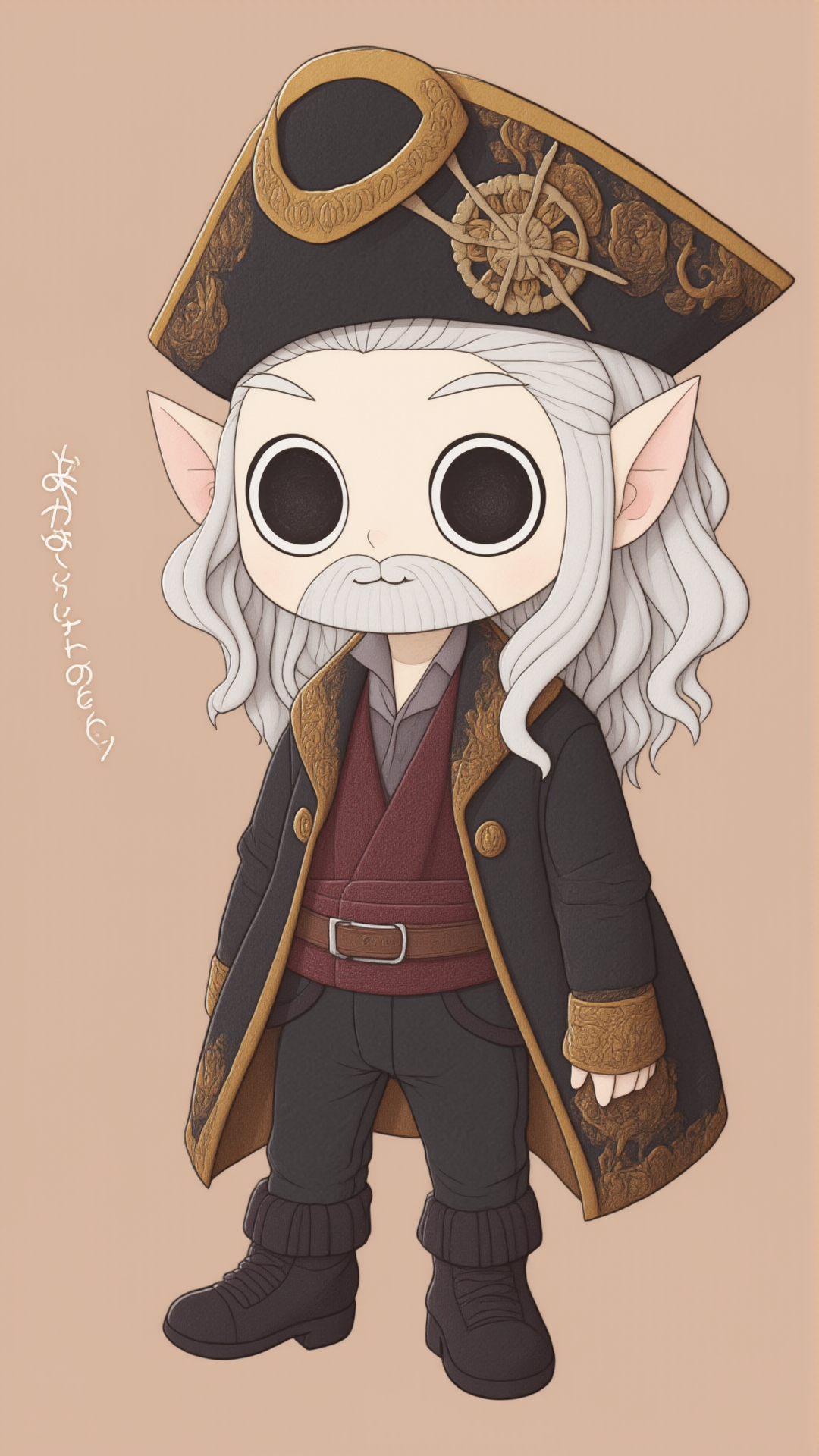 <lora:KawaiisStyle:1>kawaii style 1boy, solo, beard, male focus, facial hair, hat, boots, pointy ears, black footwear, pants, old, black headwear, old man, coat, long sleeves, black coat, jacket, black jacket, mustache, bicorne, full body, pirate hat, black pants, open clothes, belt