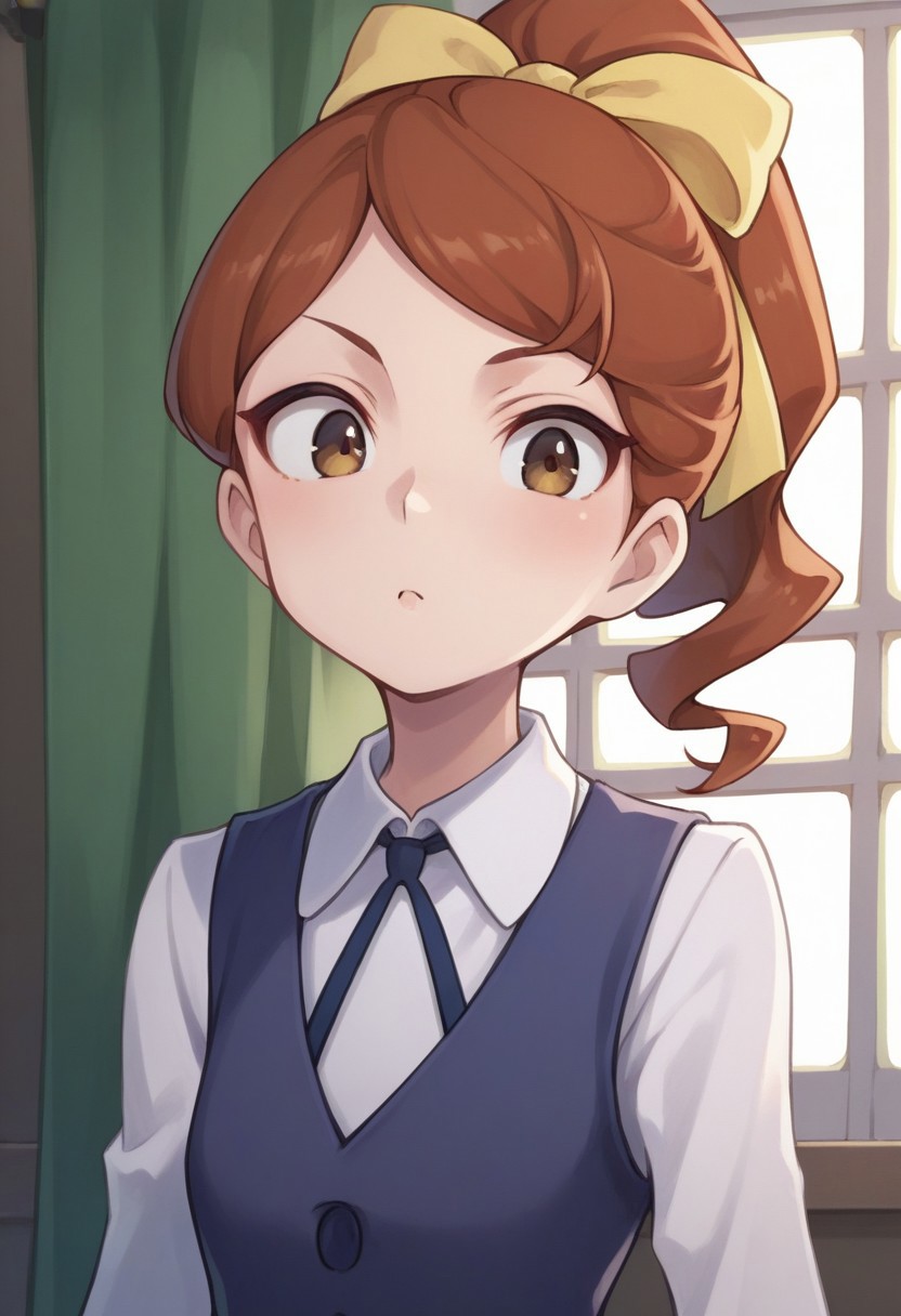 score_9, score_8_up, score_7_up, source_anime, highly detailed, multiple boys,
hannah, 1girl, solo, luna nova school uniform, school uniform, ponytail, looking at viewer, upper body, brown hair, brown eyes, white shirt, hair bow, shirt, ribbon, bow, long sleeves, vest, blue vest, yellow bow, yellow ribbon,
indoor, window, curtains