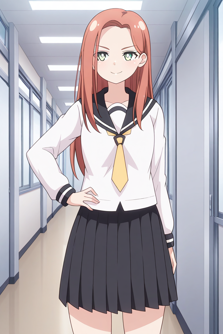 1girl, solo, kyoukolylustea, red hair, parted bangs, long hair, green eyes, white pupils, bright pupils, white shirt, black sailor collar, yellow necktie, black skirt, school, uniform, indoors, corridors, hand on hip, confident smile, standing, cowboy shot,