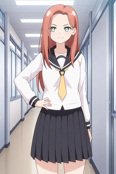 1girl, solo, kyoukolylustea, red hair, parted bangs, long hair, green eyes, white pupils, bright pupils, white shirt, black sailor collar, yellow necktie, black skirt, school, uniform, indoors, corridors, hand on hip, confident smile, standing, cowboy shot,