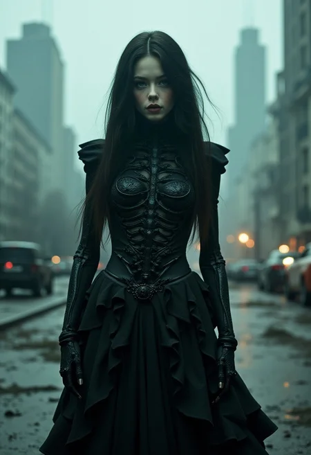 long haired, A female character with a delicate doll-like face and luminous green eyes, wearing a gothic Victorian dress entwined with roses and vines. She stands in a dimly lit city park, her mechanical skeletal features exposed and intricately detailed with floral patterns. The scene is set against a foggy backdrop of a modern cityscape with towering skyscrapers, cracked pavement, and abandoned vehicles, all captured in extreme realism with a 35mm camera filter.