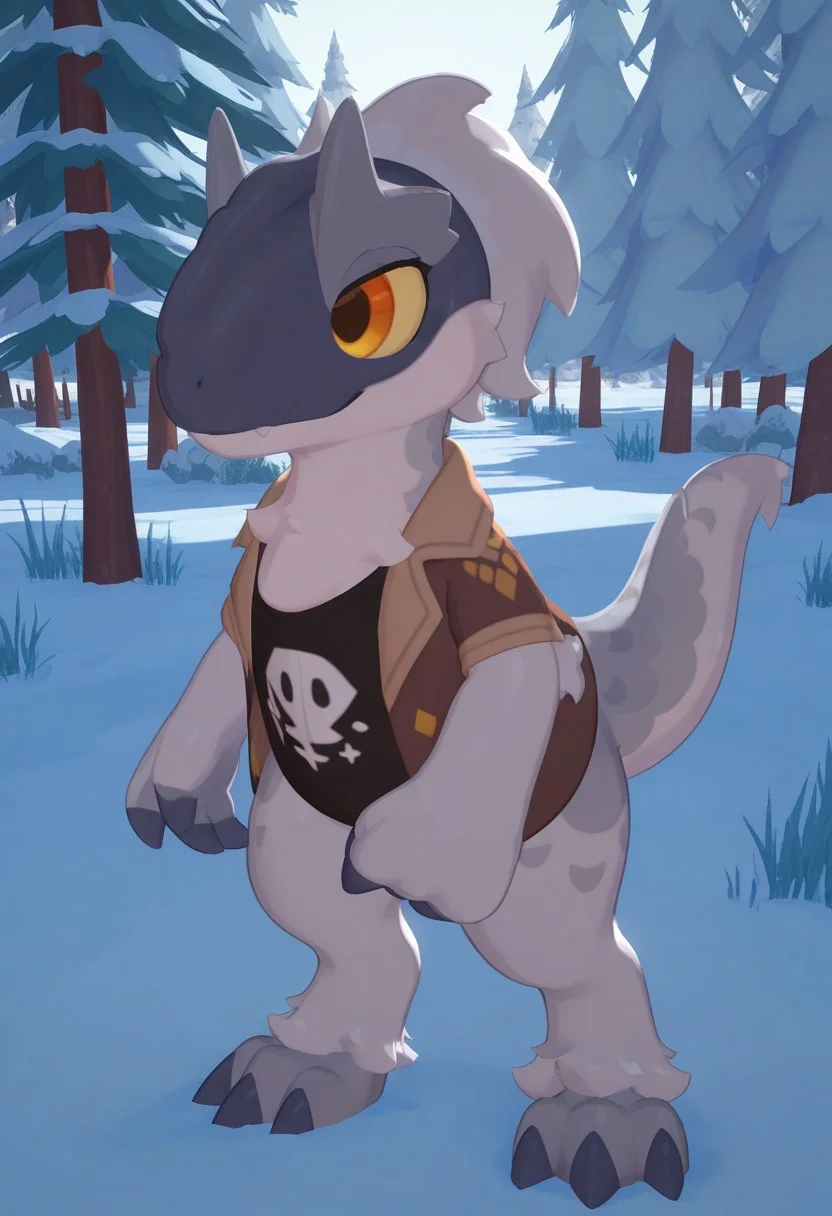 highres, absurdres, newest, masterpiece, best quality, furry, small tail, claws,
verne, male, yutyrannus, white skin, orange eyes, 3 fingers, 3 toes, feathered, fluffy, brown jacket, black t-shirt, detailed eyes, professional lighting, anthro, solo, masterpiece, winter forest,