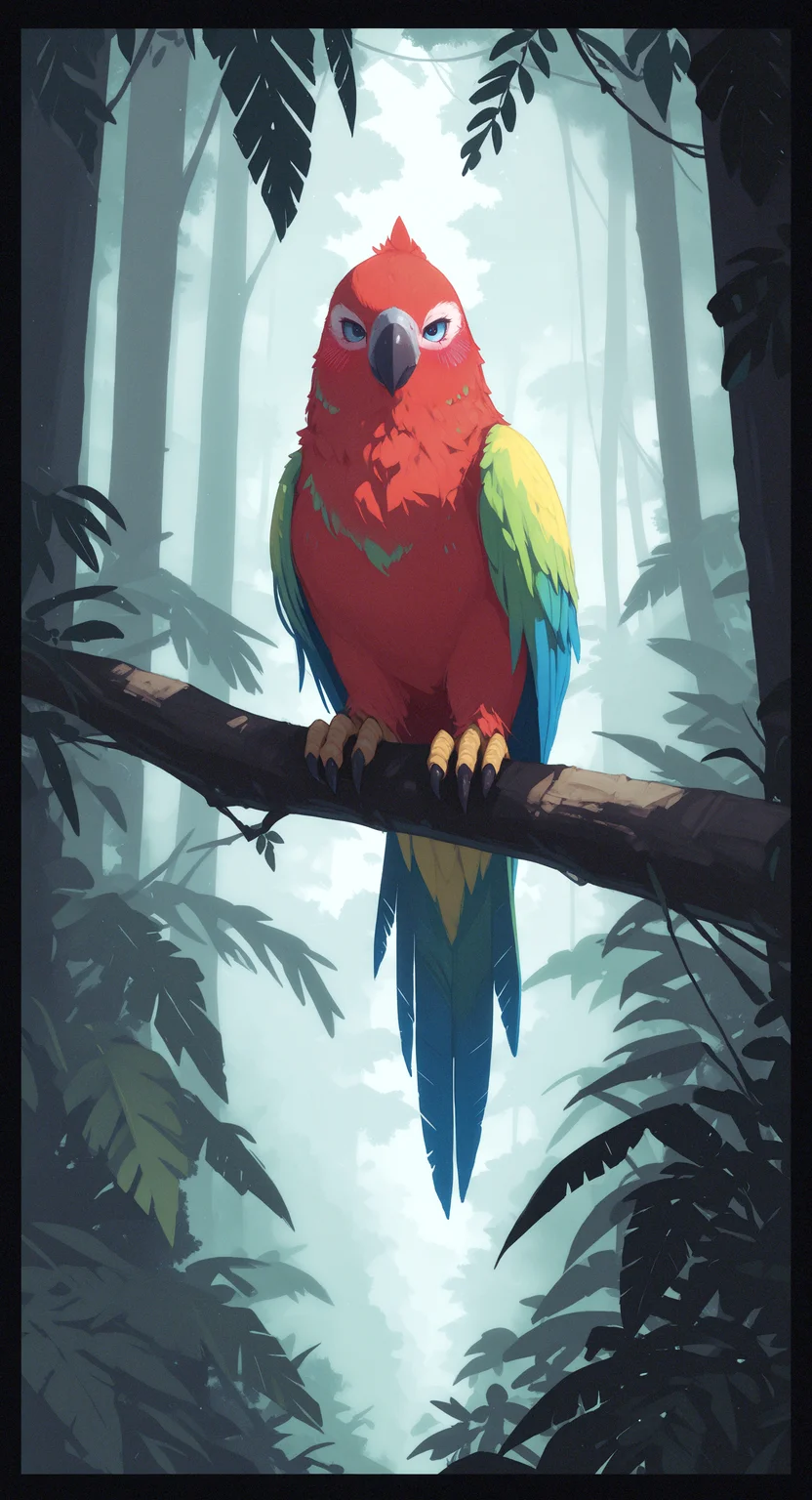 masterpiece,best quality,amazing quality, solo, blush, blue eyes, outdoors, tree, no humans, border, bird, animal, leaf, feathers, plant, nature, forest, branch, animal focus, black border, beak, talons, parrot, jungle, h4ra_illu, <lora:ponyv6_noobE11_2_adamW-000017:0.3> <lora:XXX667:0.5> <lora:96YOTTEA-WAI:0.5> <lora:hara_id_21:0.8>