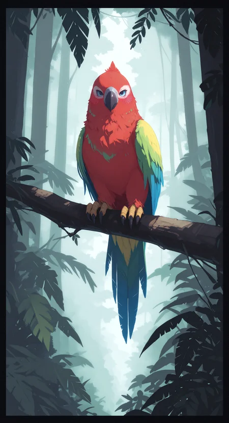 masterpiece,best quality,amazing quality, solo, blush, blue eyes, outdoors, tree, no humans, border, bird, animal, leaf, feathers, plant, nature, forest, branch, animal focus, black border, beak, talons, parrot, jungle, h4ra_illu, <lora:ponyv6_noobE11_2_adamW-000017:0.3> <lora:XXX667:0.5> <lora:96YOTTEA-WAI:0.5> <lora:hara_id_21:0.8>