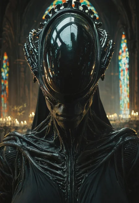 photograhy of a (nun:(xenomorph)), black habit, in cathedral, volumetric light, dim light, red and green lights, .score_9, score_8_up, score_7_up,score_6_up,