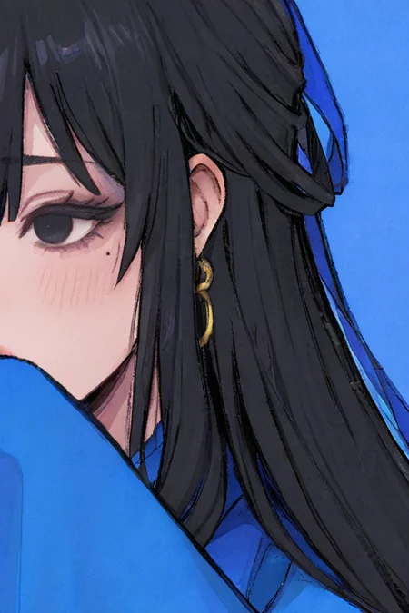 black hair, dark blue kimono, light blue hanfu, hanfu inside kimono, golden earing, 1mole beside lips, dark blue sleeves, dark blue outside, light blue inside, sleeves past wrists, black eyes ,  long hair,  <lora:Yogisya_XL:0.3>,    <lora:xia3Folder_1107:0.9>,    white Tabi_socks,  black China_Shoe,   (xiaFace:1.1),  <lora:ill-xl-01-wanke_1:0.6>,  <lora:johnkafkaXLlokr4f:0.35> , <lora:xiaFace:0.75>, close-up