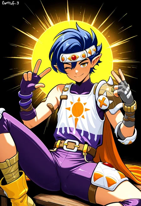 masterpiece, best quality, amazing quality, very aesthetic, absurdres, newest, curtisffl3, 1boy, male focus, blue hair, pointy ears, jeweled headband, orange cape, single pauldron, loose shirt, two-tone shirt, elbow pads, gray fingerless gloves, purple bracelets, sleeveless purple bodysuit, belt, thigh armor, yellow boots, hands up, wink