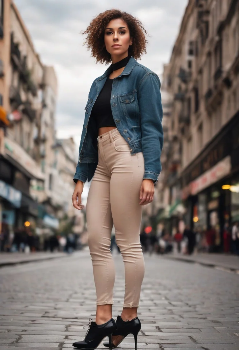 A realistic, award-winning photo taken with a high-resolution digital camera. A full-body image of a woman around 20 years old, athletic build, with short, curly hair, wearing high-heeled shoes, and without clothing on the street.