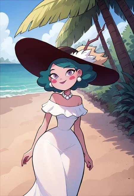score_9, score_8_up, score_8, Eclipsa Butterfly, green hair, short hair, purple eyes, thin waist , big breast, wide hips, red spade blush stickers, (((white summer hat))), (((white long summer dress))), white pearl necklace, white pearl earings,
upper body, closed mouth, in beach, walking on sand , smile, looking at viewer, colorful ocean ,Jabstyle,