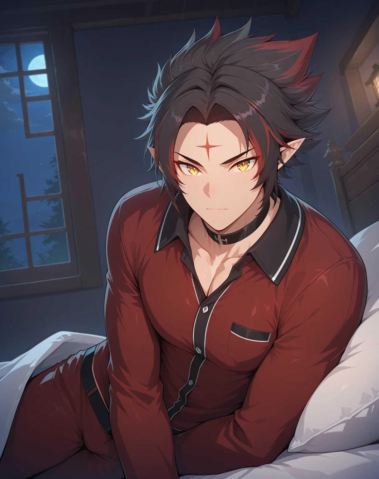 masterpiece, best quality, absurdres, very aesthetic,
1boy, solo, yaoi, male focus,
looking at viewer, cowboy shot,
<lora:Ryan_Werewolf:1> ryanwerewolf, black hair, multicolored hair, pointy ears, facial mark, red hair, two-tone hair, streaked hair, forehead mark, yellow eyes,
pajamas,
indoors, night, dark room, bedroom, lying, on bed,