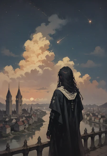 score_9, score_8_up, score_7_up score_9, score_8_up, score_7_up, score_6_up, score_5_up, score_4_up,
<lora:NeonFantasyNocturneV10:1> cult1st,
1girl, solo, long hair, black hair, standing, ((sky)), cloud, from behind, water, blue sky, cloudy sky, building, star, night sky, scenery, starry sky, sunset, horizon, facing away, fantasy, evening, gradient sky, shooting star, very wide shot