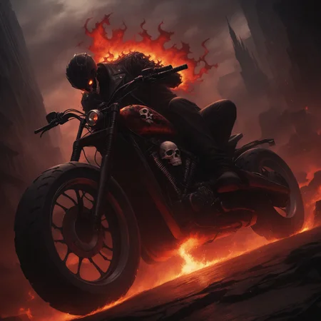 Dark Fantasy Art, Dark Moody Atmosphere, dramatic, mysterious, dark moody atmosphere, dark, moody, dark fantasy style, realistic anime,
BREAK,
Ghost Rider rockets up the skyscraper, his flaming motorcycle scorching a fiery path over glass and steel,
BREAK,
His skull, engulfed in hellfire, casts a sinister, flickering glow, with empty eye sockets seething with vengeful fire,
BREAK,
Flames curl around his skeletal form, his leather jacket and pants seared and frayed, smoldering as he rides,
BREAK,
sitting on his bike, (((cracked roadway))), cracked road, skull, from side, low angle shot, close up shot, detailed afce, detailed skull, front view, wide angle, burning wheels and bike, chopper motorcycle, chopper, burning engine, leaking lava from cracked road, red sunset,
detailed bike, flames on bike, red bike headlight,