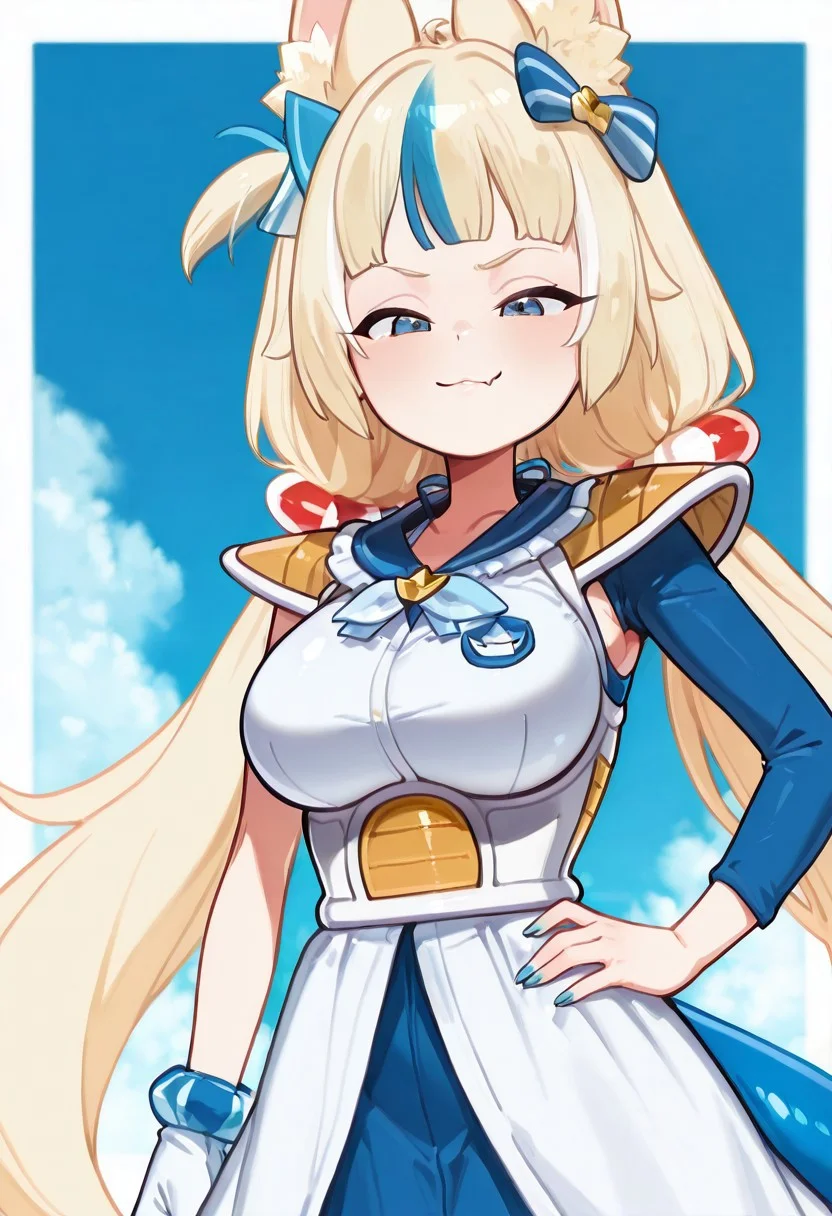 masterpiece, best quality, sameko saba, low twintails, animal ears, blue eyes, blonde hair, blue streaked hair, ribbon, blue hair bow, two-tone hair, lifebuoy hair ornament, fish tail, blue nails,
white saiyan armor, shoulder pads, blue skirt, long sleeves, blue sleeves, white gloves,
long hair, ribbon, smile, single wrist scrunchie, blue sky, brooch, large breasts ,,
skin fang, looking at viewer,
hand on hip, hip to the side, smug,