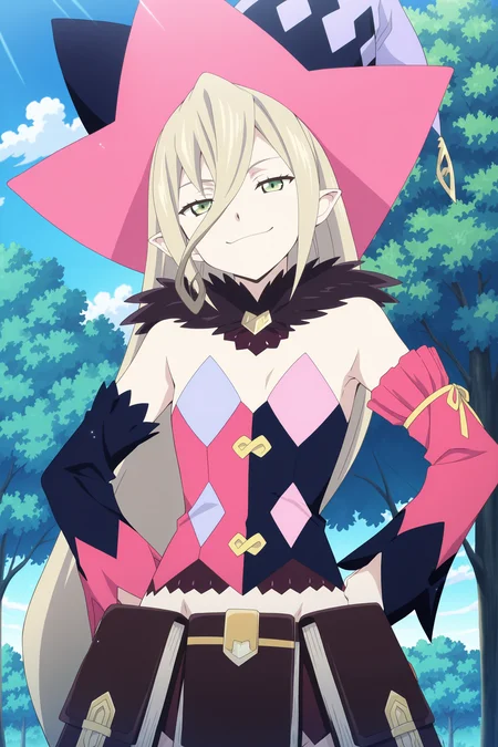 anime screencap, anime coloring, detailed face, masterpiece, best quality, very aesthetic, absurdres, volumetric lighting, official style, amazing quality, ultra detailed,  highres, amazing quality, scenery, beautiful detailed hair, beautiful detailed eyes,
<lora:StS-Illustrious-Detail-Slider-v1.0:4>
<lora:Magilou_Tales_of_Berseria:.8>
outside, day, blue sky, trees,
Magilou (character), 1girl, pink sleeves, solo, black sleeves, hat, green eyes, long hair, detached sleeves, mismatched sleeves, blonde hair, asymmetrical sleeves, very long hair, witch hat, pointy ears, hand on own hip, smug smile, looking at the viewer, cowboy shot