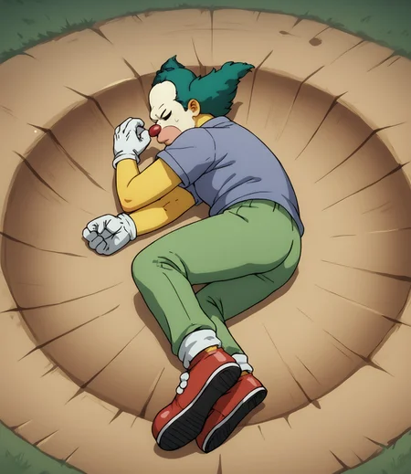 score_9, score_8_up, score_8, source_furry, 1boy, realism, dynamic lighting, cel shading, clown_krusty, facepaint, red clown nose, yellow skin, green hair, blue bow tie, (pink t-shirt), white gloves, green pants, fat, BREAK
lying down, on side, closed eyes, ail,yamcha pose,on side,crater, yamchapose, lying, on side, closed eyes, face down, red clown boots, shoes, dead BREAK
crater background, sfw, zPDXL2, low-angle shot , from belowBREAK
<lora:lowlight:0.4> <lora:Clown_Krusty:1> <lora:25d:0.7> <lora:Color:0.3> <lora:Shader:0.3> <lora:Yamcha pose2:1> <lora:DBSB:0.7>