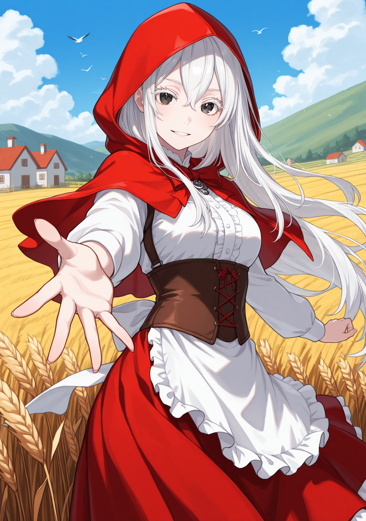 masterpiece, best quality, 1girl, solo, Echidona, white hair, hair between eyes, long hair, thick eyelashes, colored eyelashes, little red riding hood, red hood, hood, hood up, red skirt, frills, wheat field, outdoors, wind, beckoning, reaching towards viewer, cowboy shot, black eyes, RNDFit, corset, apron, hill, farm, house, scenery, landscape, wheat, blue sky, bird, looking at viewer, parted lips, smile