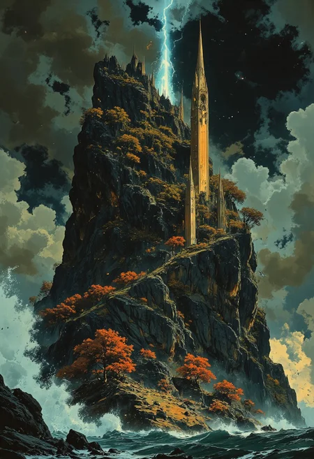 A towering, jagged island rises sharply from the ocean, crowned with a golden-roofed cathedral at its peak. Vibrant red and orange trees cling to the rocky cliffs, contrasting against lush green foliage scattered across its surface. Waves crash dramatically against the dark stone base, sending foamy sprays into the air. The sky above is an intense mix of swirling storm clouds and a vivid blue lightning strike, illuminating the scene with a dramatic glow. In the distance, the horizon fades into soft hues of pink and orange as the sun sets, casting a warm, ethereal light over the entire landscape. The scene is dynamic and full of energy, blending the power of nature with a sense of divine mystery.
Key Elements to Highlight:
Island Features: steep, rocky cliffs; vibrant red-orange foliage; contrasting green patches
Architecture: golden-roofed cathedral, intricate spire, mystical and grand
Ocean: crashing waves, foamy white details, dynamic water movement
Sky: dramatic storm clouds, vibrant blue lightning, soft sunset hues
Atmosphere: majestic, dramatic, mystical, energetic