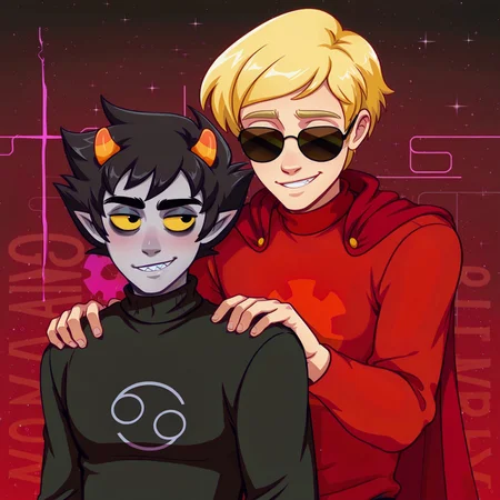 0up, BREAK 2boys, Dave_Strider, sunglasses, red shirt, cape, godtier, blond hair, smile, holding
BREAK
Karkat_Vantas, grey skin, nubby horns, yellow sclera, black sweater, no sunglasses, black hair, held, 2boys