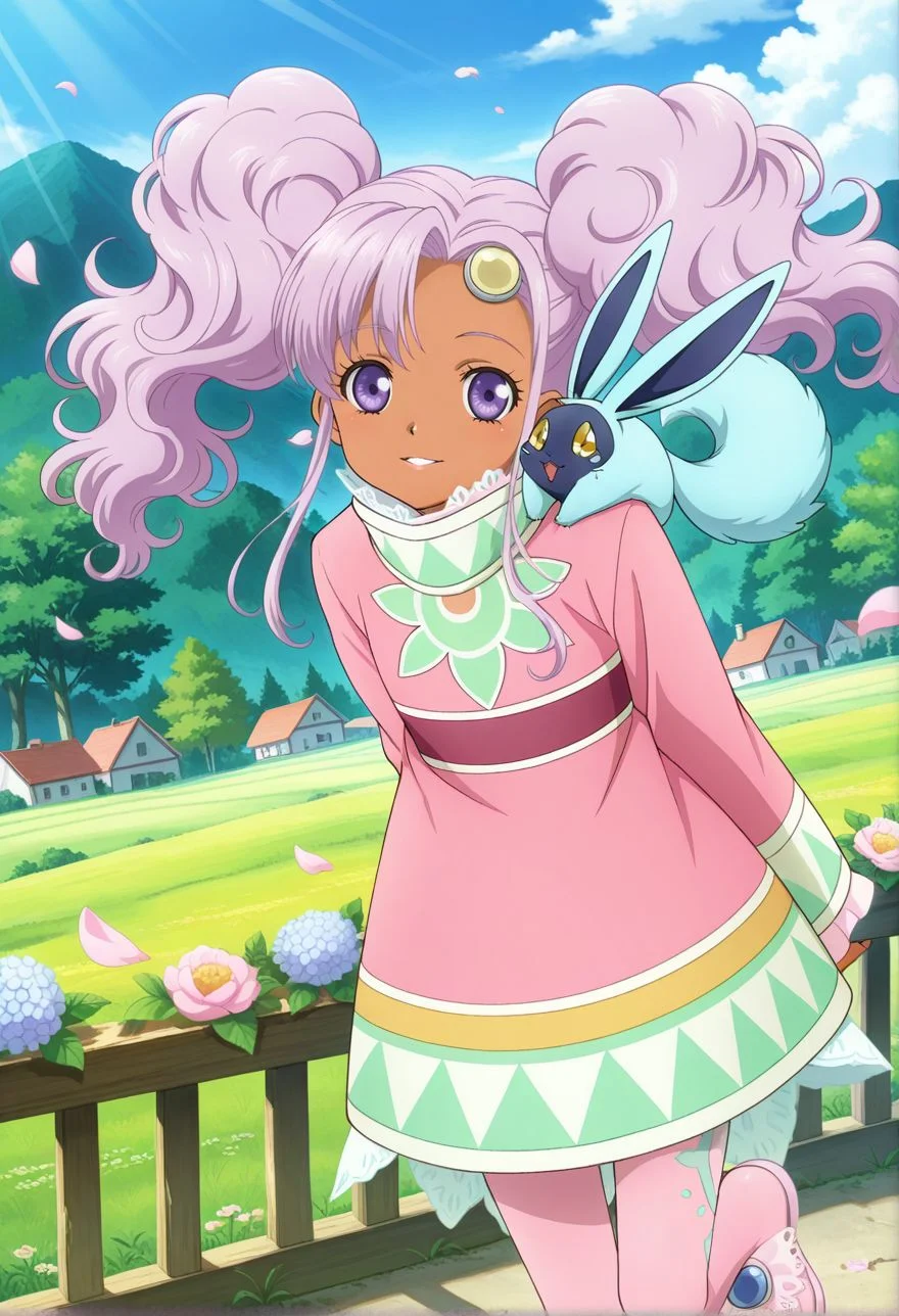 detailed eyes, beautiful, detailed background, perfect eyes,
source_anime, very aesthetic, anime coloring, masterpiece, official art,
<lora:HandFineTuning_XL:1>
BREAK,
village, forest, mountains, flowers, flower petals,
light smile, standing, hands behind back, parted lips,
cowboy shot , dynamic angle,
looking at viewer,
BREAK,
<lora:meredy_illustriousXL_v02:0.9>
twintails, purple hair, purple eyes, pink dress, pink legwear, lace trim, meredyBase, lace, long sleeves, high collar, sleeves lace, dark skin, meredy \(tales\)
pink footwear, pink pantyhose, pantyhose pattern,
quickiebase, animal on shoulder, blue animal,