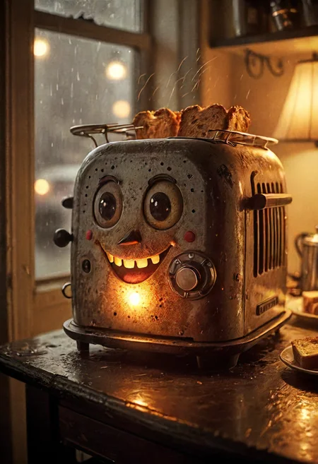 happy toaster , dim lights, detailed, perfect composition <lora:eldoria:0.8> eldoria
