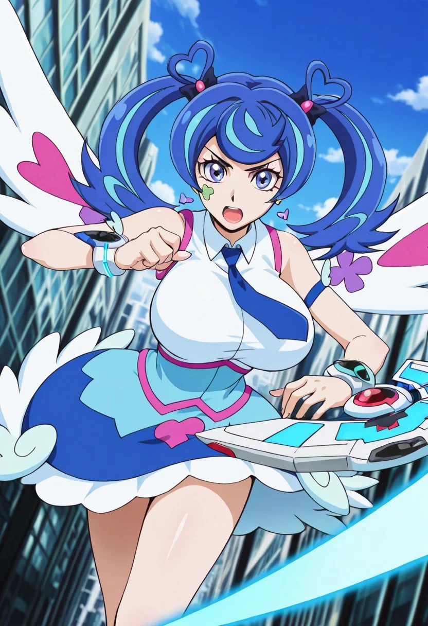 general,highres, ultra-detailed,very aesthetic,best quality ,best hands,best eyes,easynegative,
dynamic anglre, dutch angle, anime cloring,
1girl solo,looking at viewer,outdoors,city,duel disk,open mouth,
Blue angel,Blue hair, multi color hair, twintails, huge_breasts, blue_eyes, face paint,shirt,skirt,