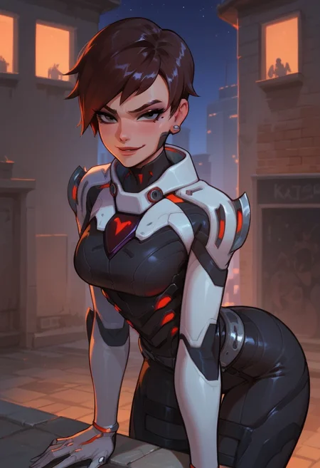 score_9, score_8_up, score_7_up, score_6_up, score_5_up, score_4_up, painting, draw, (city, building, night, seductive pose, outdoor) medium breasts, lean forward, Bent over, from behind, large ass, (Smug)
short hair, talon bodysuit, makeup, brown hair, Black eyes,
seductive, (narrow waist:1.25)(v-line:1.25)
<lora:princess_xl_v1:0.8> <lora:Expressive_H:0.8> <lora:g0th1cPXL:0.45> <lora:incase-ilff-v3-4:0.5> <lora:Sombra_-_Skin_Talon_Overwatch:0.9> <lora:add-detail-xl:0.5>