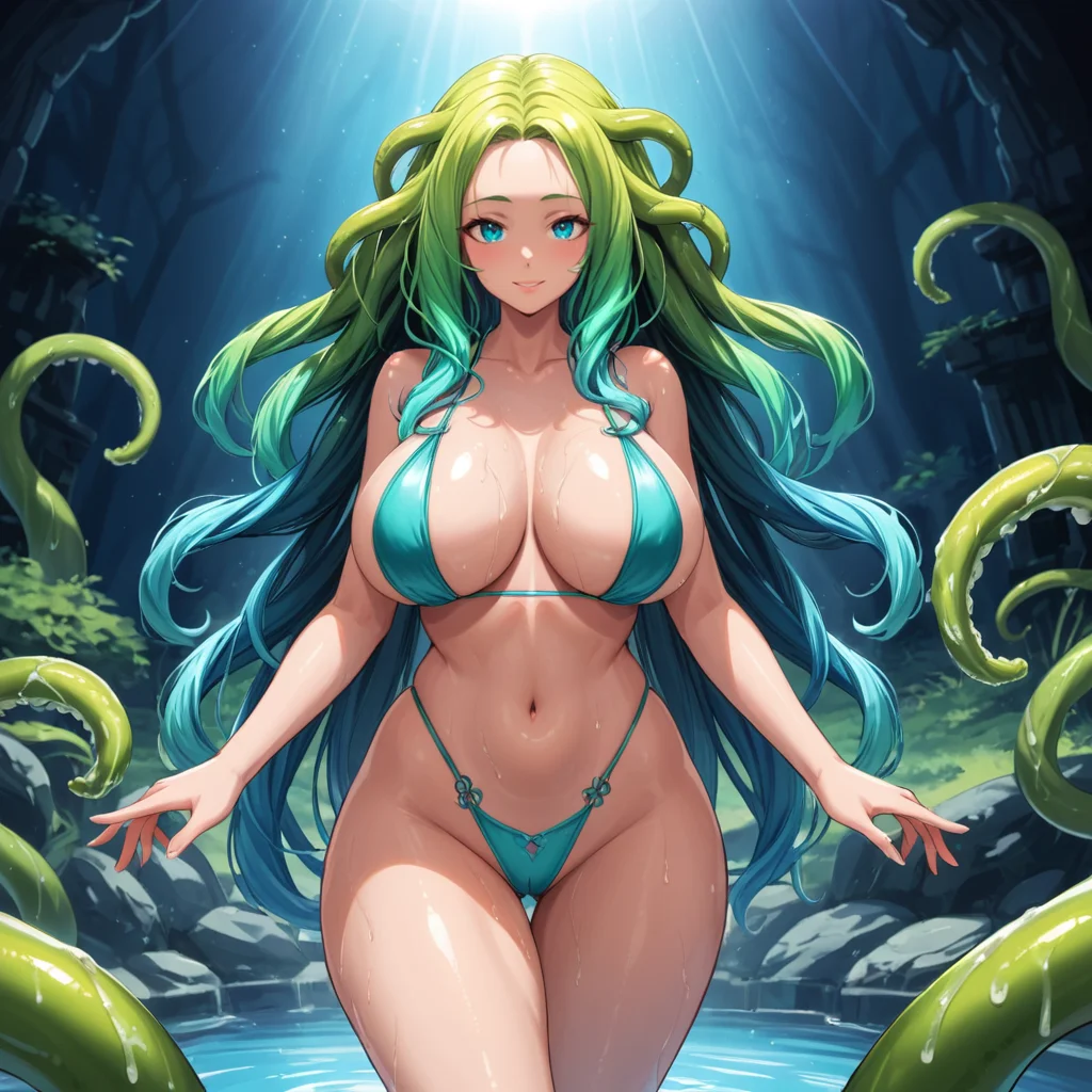 seafoam green, tentacle hair, 1girl, curvy, gradient hair, blue