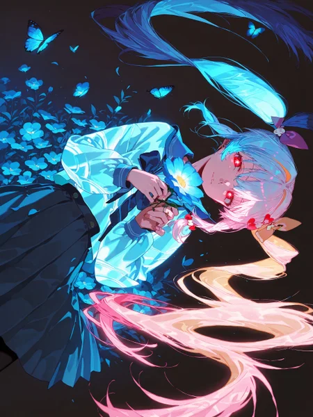 <lora:nai_ILL:0.8>,
monogatari_style,<lora:monogatari_style_IllustriousXL:0.8>,
<lora:Glowing_Spot_Color_-_Illustrious:0.6>, glowing eyes, streaked hair, glowing inner hair, glowing streaks,
chouzetsusaikawa tenshi-chan, 1girl, long hair, looking at viewer, smile, shirt, skirt, blonde hair, long sleeves, hair ornament, bow, closed mouth, very long hair, twintails, blue hair, school uniform, pink hair, flower, multicolored hair, heart, hair bow, pantyhose, pleated skirt, serafuku, sailor collar, blue skirt, hands up, blue bow, leaf, blue shirt, black background, bug, pink bow, butterfly, yellow bow, blue flower, purple bow, blue theme, heart hair ornament, holding flower, blue butterfly, multiple hair bows, quad tails, (dark), (sideways), ((glowing)), glitch, horror \(theme\), vibrant, black background, colorful, abstract, bioluminescence, double exposure, distortion, holographic clothing, bloom, backlighting, sidelighting, rella, wanke, konya karasue, yadu nadu, menma \(enaic31\), (quasarcake:0.8), john kafka, (otonoha aika), konya karasue