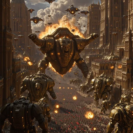 ancientstyle, spacebattle, UHD 32k fantasy battle movie still, photograph, battle between heavily armored Warhammer 40K Orks and futuristic humans invading in space ships, chaos of battle surrounding them, fighting in the streets, intricately detailed ancient city background, cinematic realism, cinematic lighting, high action pose, intricately detailed place, film grain, HD, 8k, photorealistic, epic scale, intricate design, photorealistic, hyperrealistic, high definition, extremely detailed, cinematic, UHD, HDR, 32k, ultra hd, realistic, vivid colors, highly detailed, perfect composition, beautiful detailed intricate insanely detailed octane render, trending on artstation, artistic photography, concept art, soft natural volumetric cinematic perfect light, Macro photography, close-up, hyper detailed