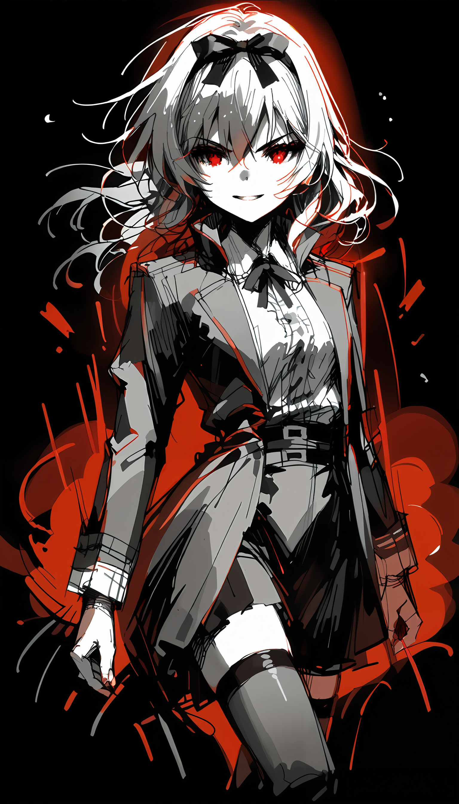 score_9, score_8_up, score_7_up,source_anime,1girl,Yue,(red sketch,monochrome,black background,black theme),confident pose,hair swirling in wind, hair swirling in intricate patterns,light evil grin,(cast magic, giantic black black hole),dress,shirt, (skirt), coat, black thighhighs, black hairband, hairbow, neck ribbon,looking at viewer,enshrouding darkness,hell landscape,lingering shadows,breathtaking scenery