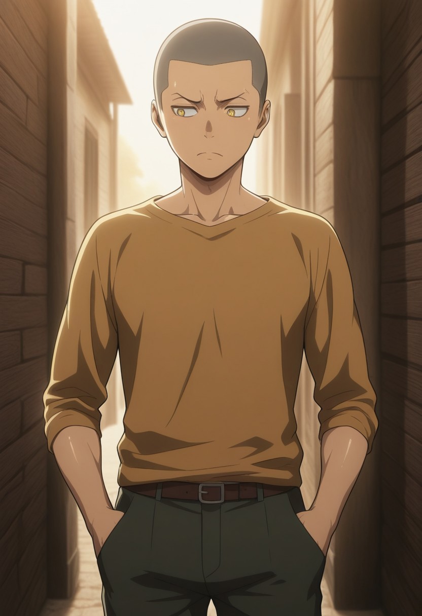 masterpiece, best quality, amazing quality, very aesthetic, absurdres, newest, detailed background, warm natural lighting, lively and bustling atmosphere, background details visible, shiny skin, outdoor, frown,
1boy, ConSpretime, very short hair, buzz cut, yellow eyes, shirt, pants,